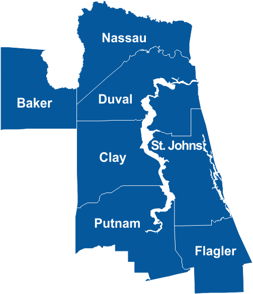 Jacksonville Florida Everything Gutter   Regional Map Outline W County Names 